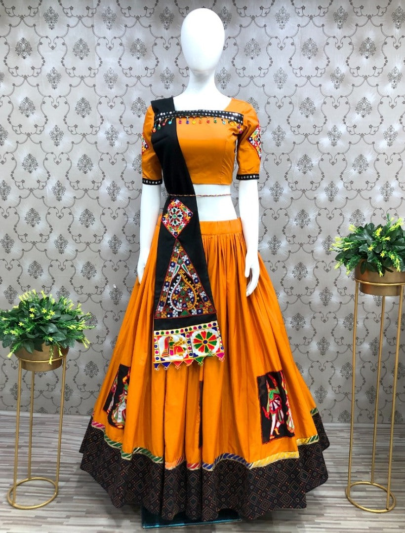 Orange silk thread and patch work navratri festival gujarati garba chaniya choli