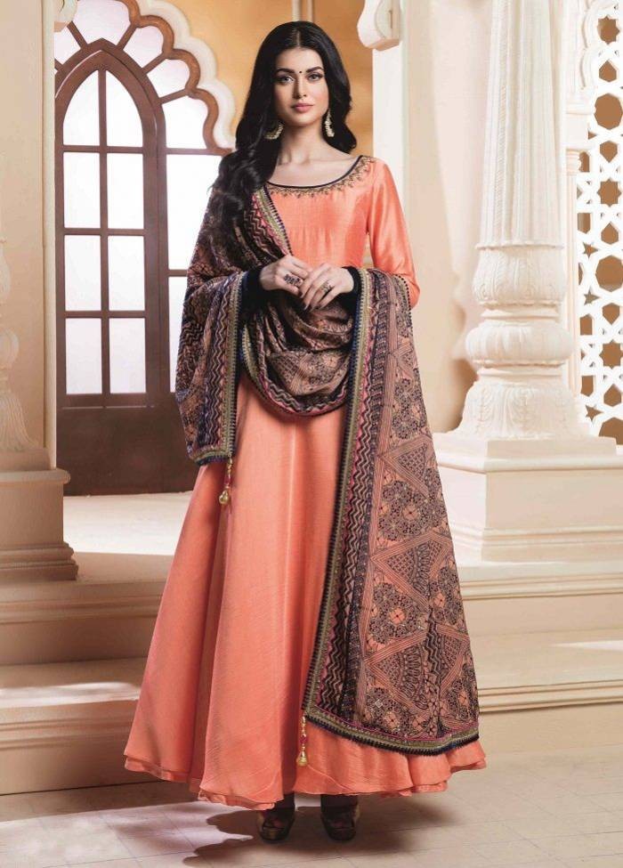 Orange silky silk handworked neck partywear anarkali suit with printed dupatta