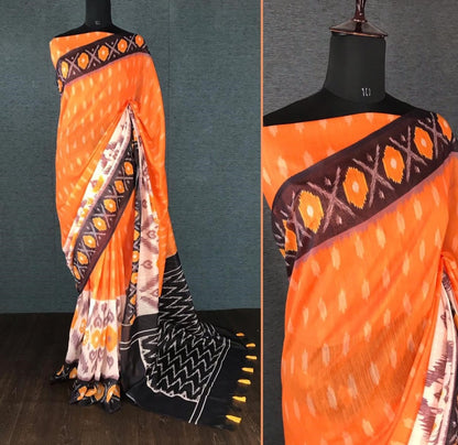 Orange slub linen cotton digital printed work saree