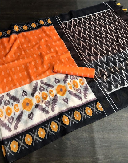 Orange slub linen cotton digital printed work saree