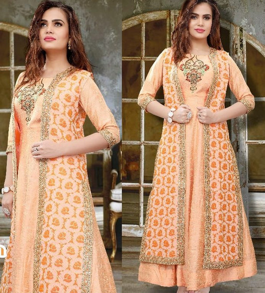 orange slub silk with khatli work designer salwar suit with shrug