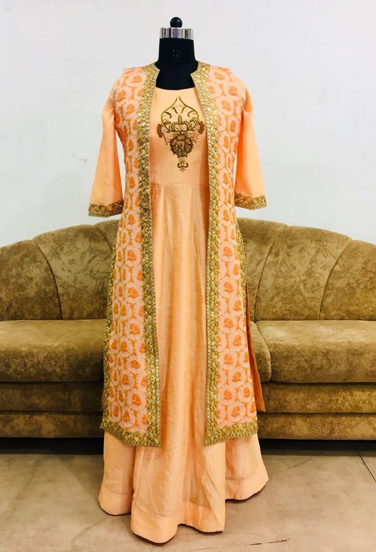 orange slub silk with khatli work designer salwar suit with shrug