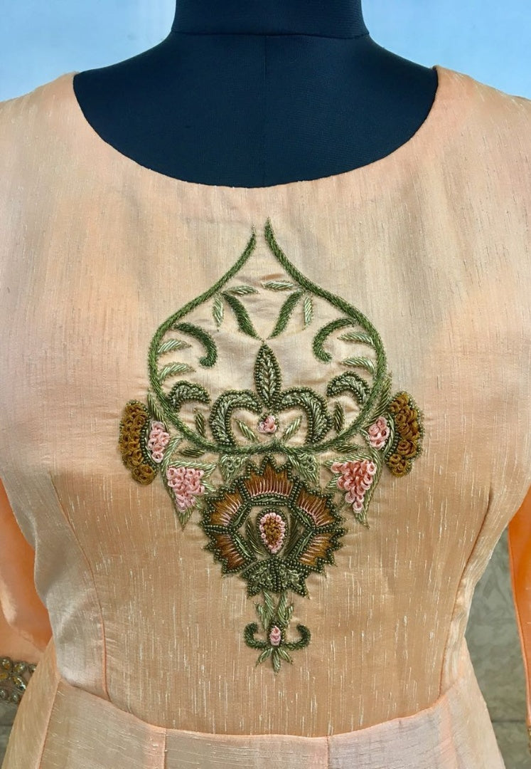 orange slub silk with khatli work designer salwar suit with shrug