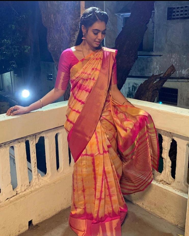 Orange soft linen cotton printed saree