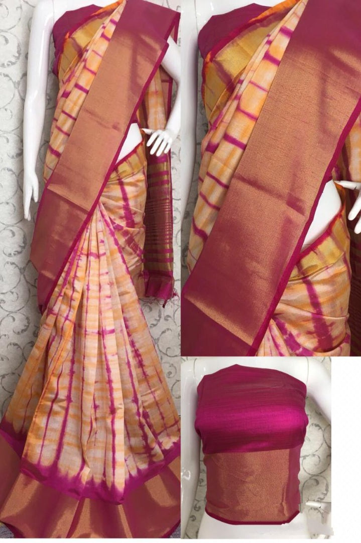 Orange soft linen cotton printed saree