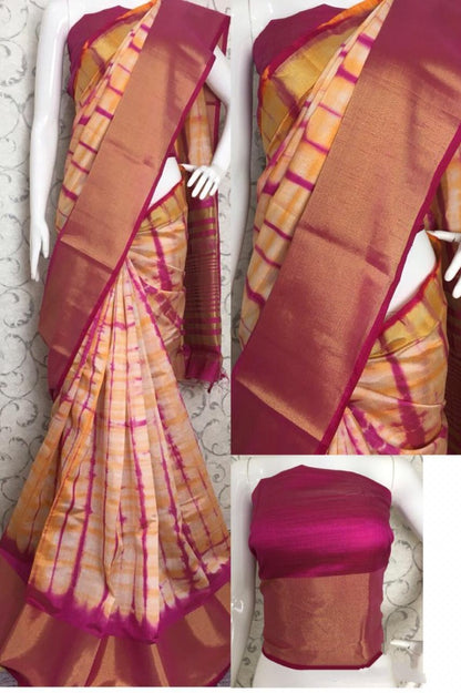 Orange soft linen cotton printed saree