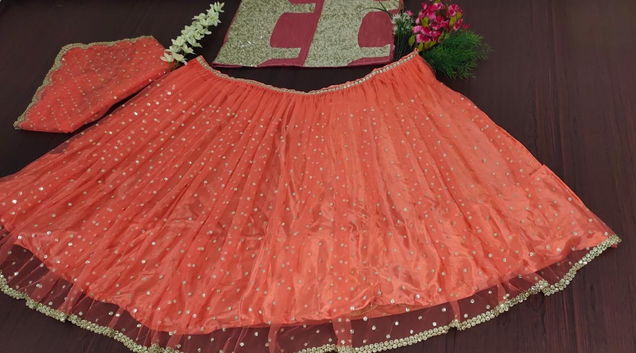 Orange soft net embroidered wedding lehenga choli