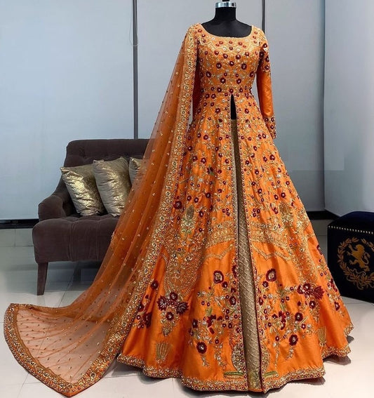 Orange taffeta silk satin embroidered gown lehenga