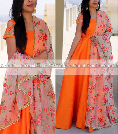 Orange tapeta silk beautiful anarkali suit with heavy dupatta
