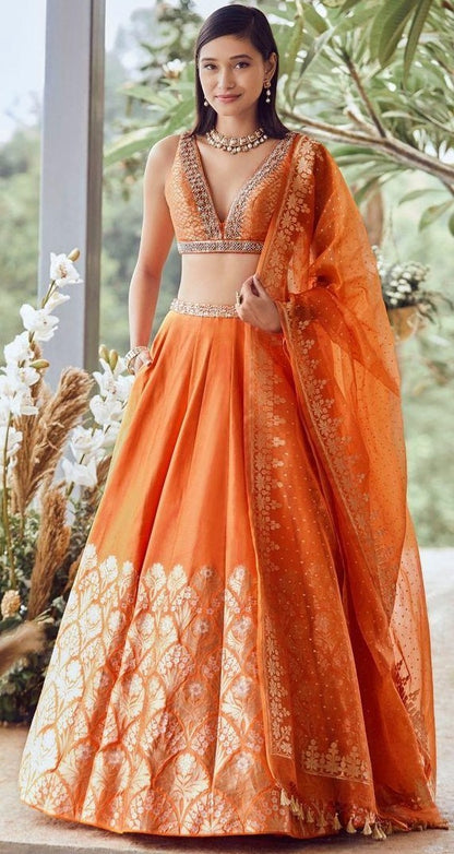 Orange tapeta silk chain stich lehenga choli