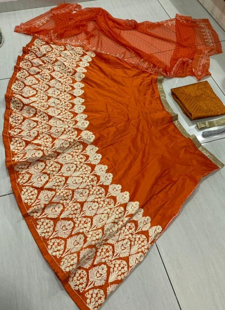 Orange tapeta silk chain stich lehenga choli