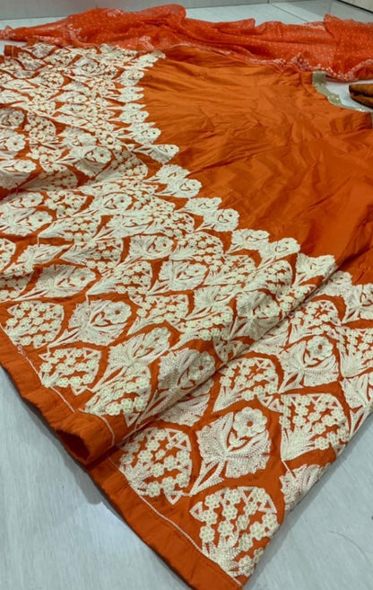 Orange tapeta silk chain stich lehenga choli