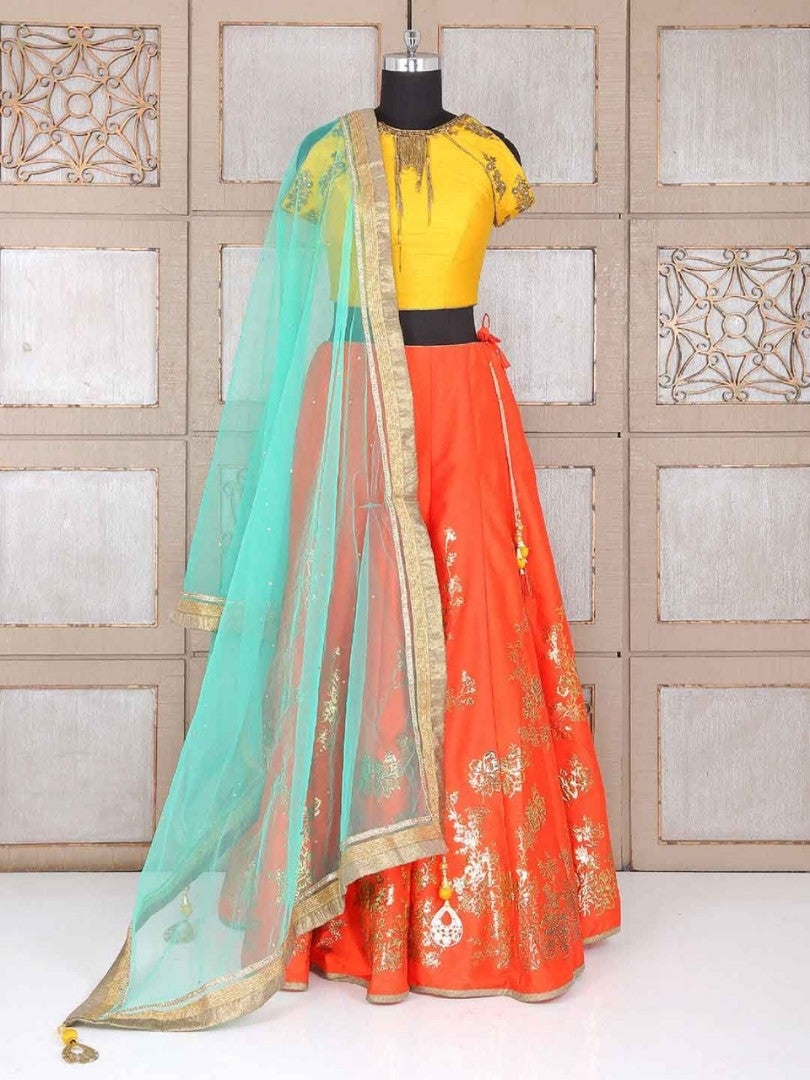 Orange thai silk copper metalic foil festival wear lehenga with handworked blouse