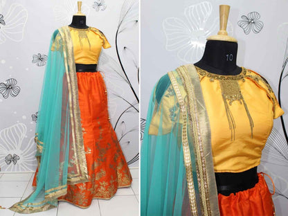 Orange thai silk copper metalic foil festival wear lehenga with handworked blouse