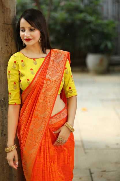 Orange weaving jacquard saree with motiwork blouse