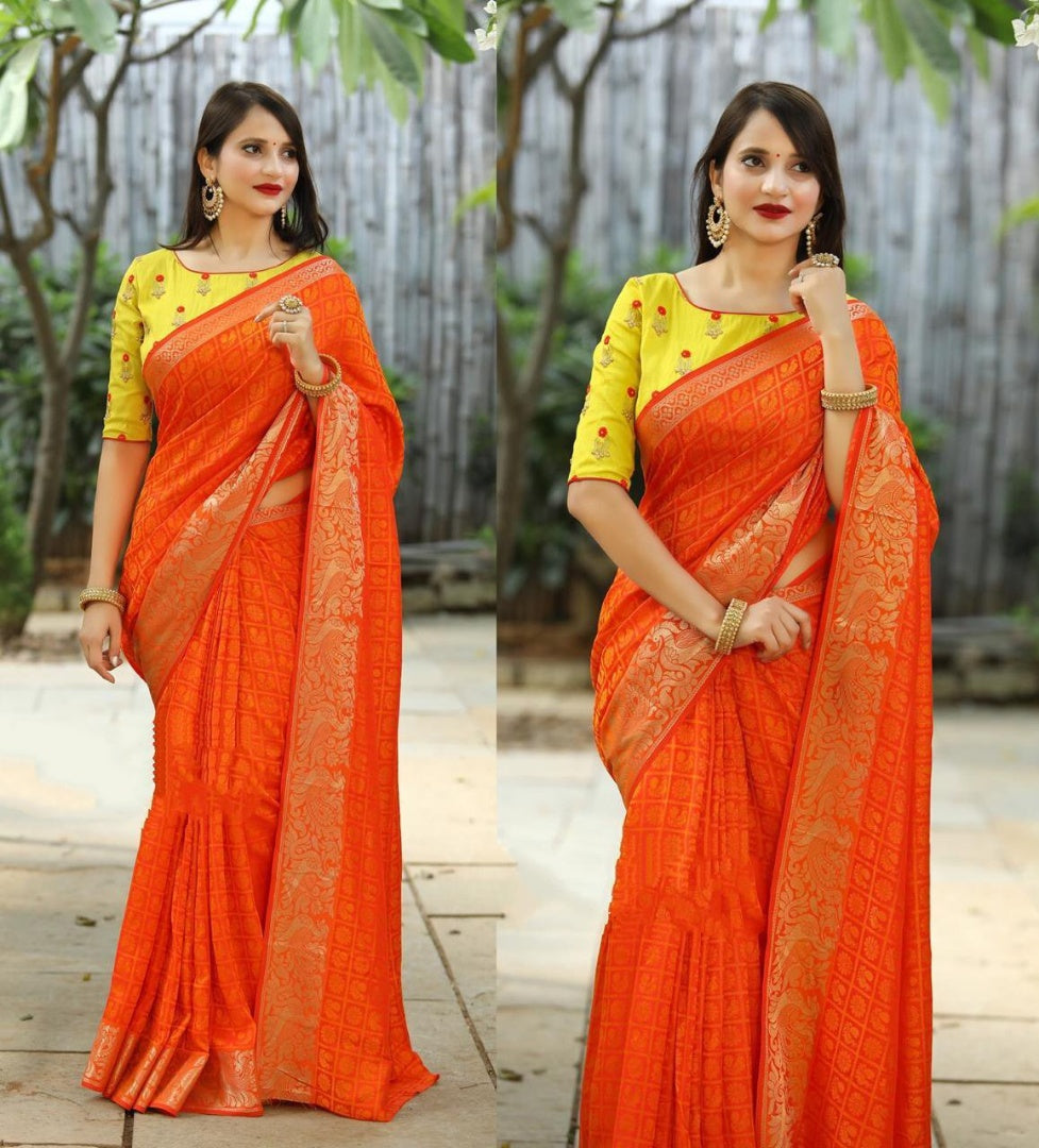 Orange weaving jacquard saree with motiwork blouse