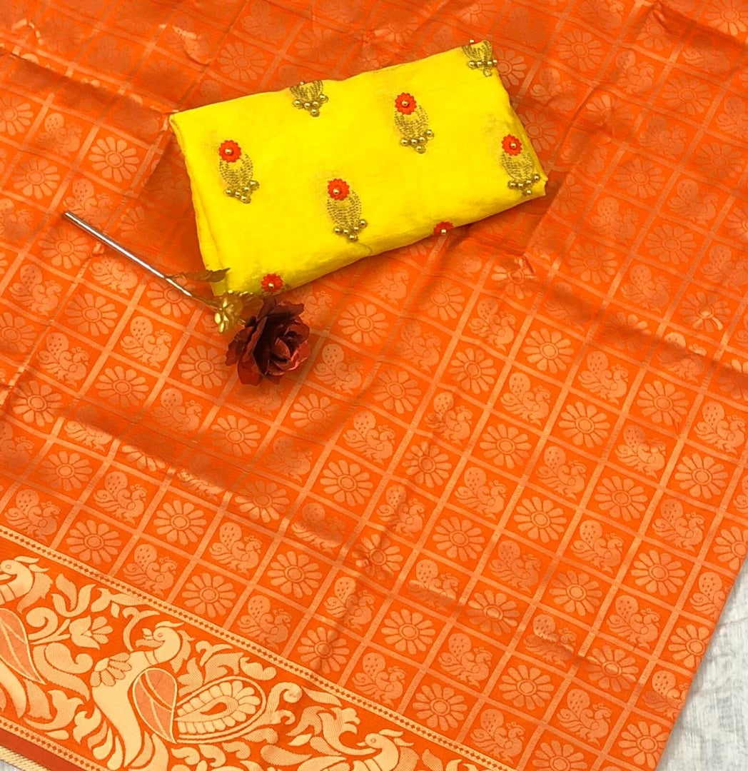 Orange weaving jacquard saree with motiwork blouse