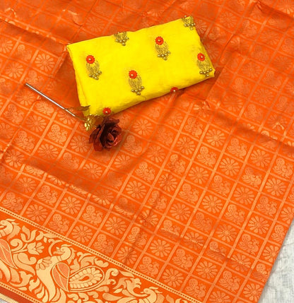 Orange weaving jacquard saree with motiwork blouse