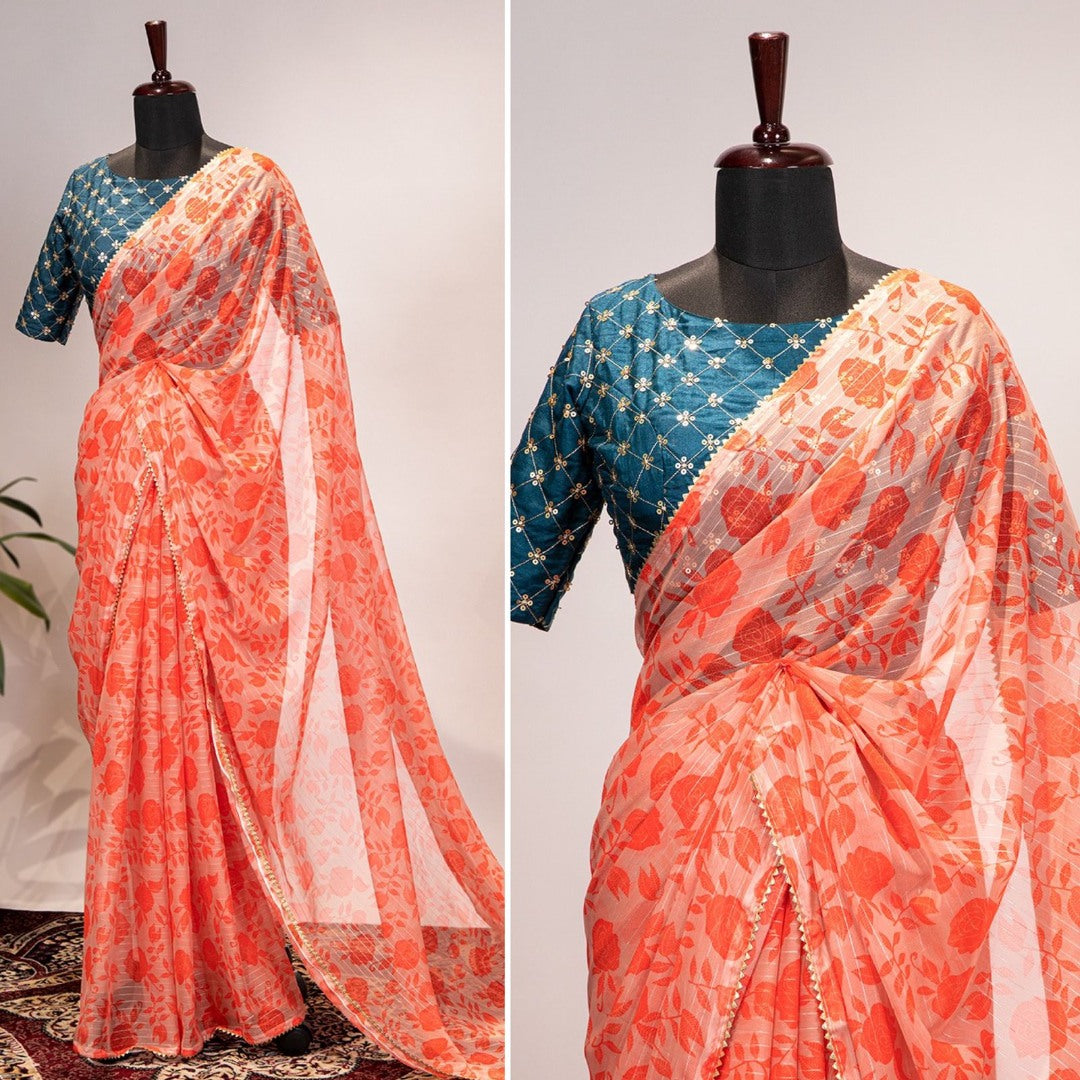 Orange zari chiffon printed saree