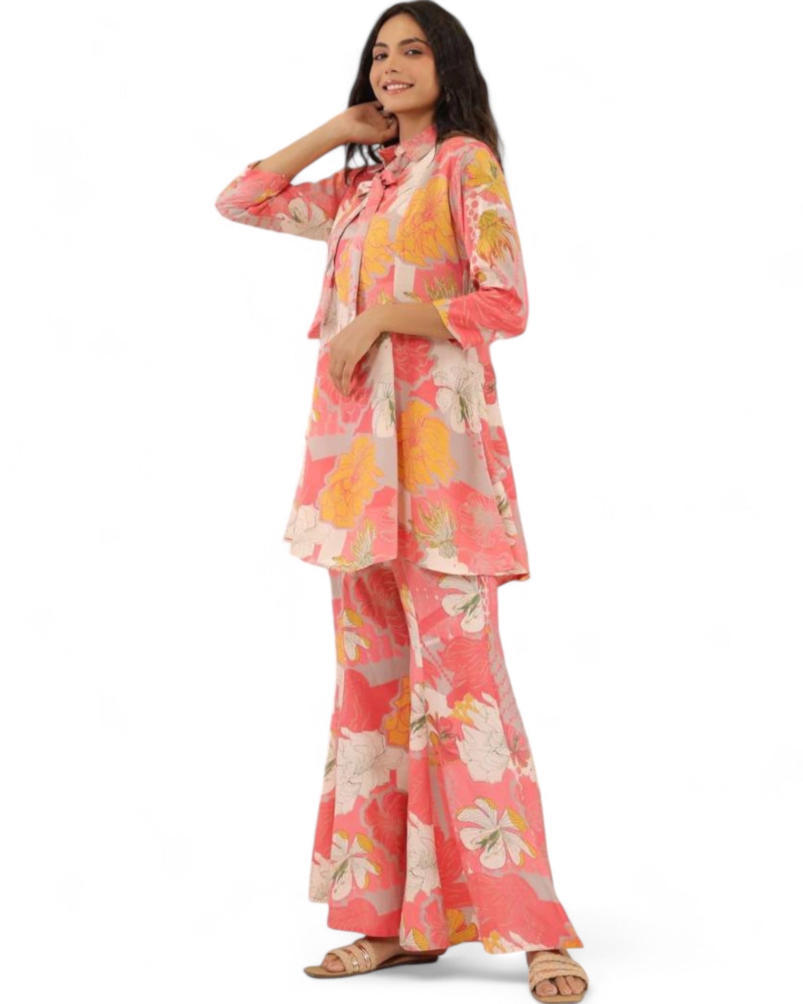 Stylish muslin floral printed co ord set Orange