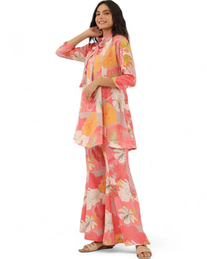 Stylish muslin floral printed co ord set Orange