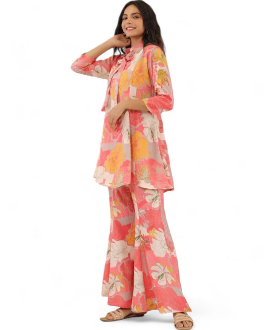 Stylish muslin floral printed co ord set Orange