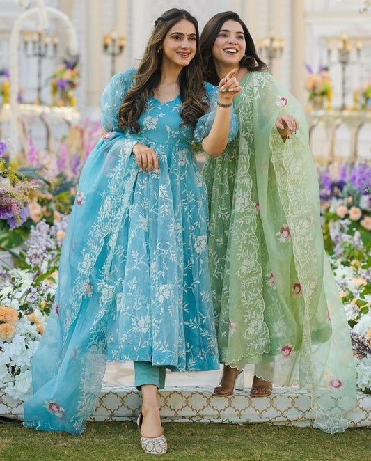 Organza heavy thread work anarkali suit