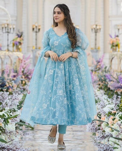 Organza heavy thread work anarkali suit