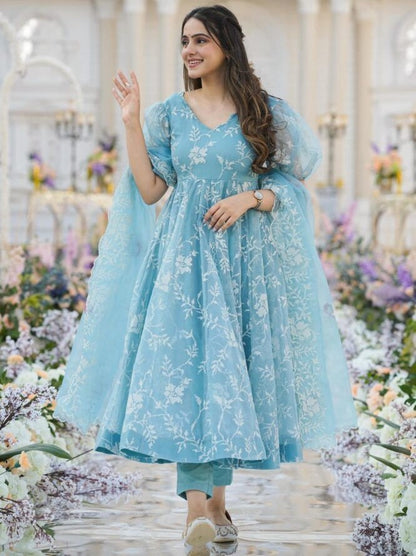 Organza heavy thread work anarkali suit Sky Blue