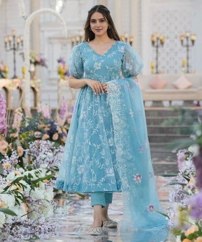 Organza heavy thread work anarkali suit