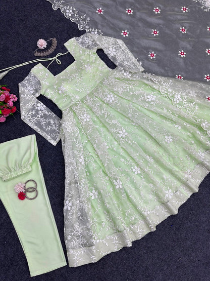 Organza heavy thread work anarkali suit Pista Green