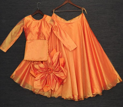 Ornage rajwadi chanderi silk hand made flower lehenga choli