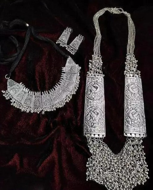 Oxidised alloy silver stylish necklace and earrings
