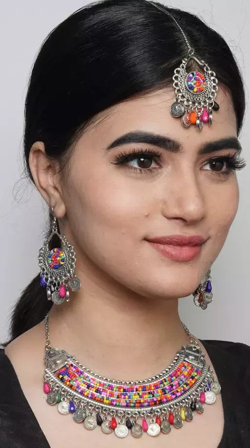 Oxidised german silver multicolor beads jewellery set with maangtika