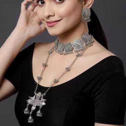 Oxidised silver alloy combo necklace with earrings