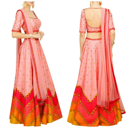 Pale pink lehenga set with multicoloured aztec border
