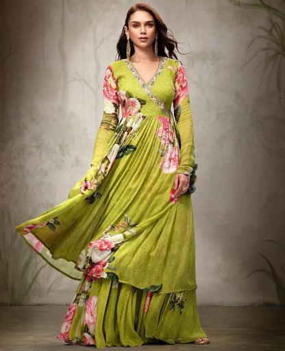 Parrot green floral printed palazzo gown
