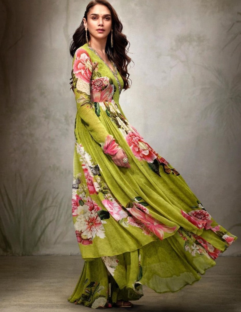 Parrot green floral printed palazzo gown