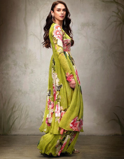 Parrot green floral printed palazzo gown