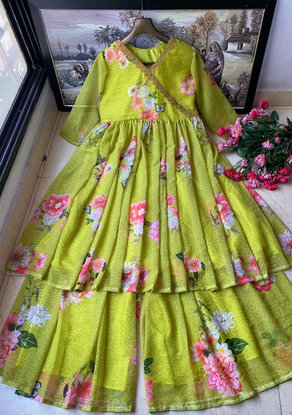 Parrot green floral printed palazzo gown