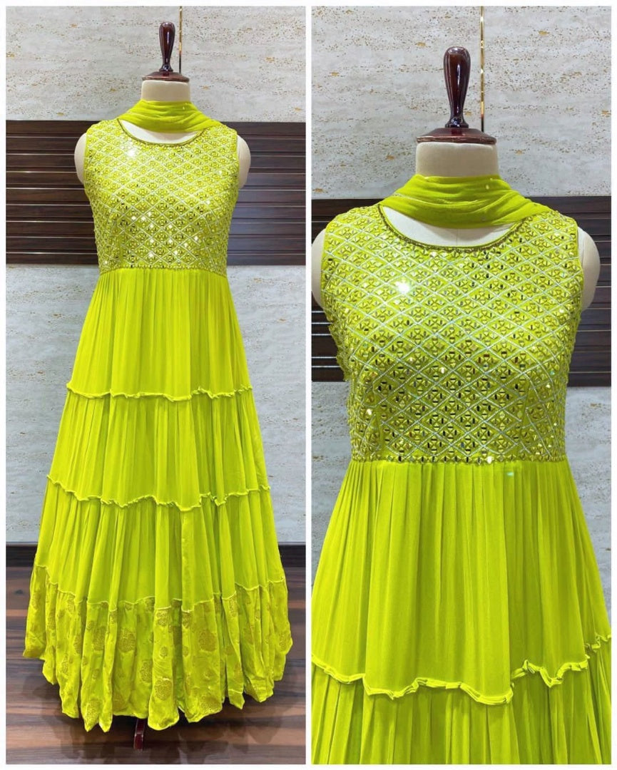 Parrot green georgette long gown