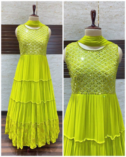 Parrot green georgette long gown