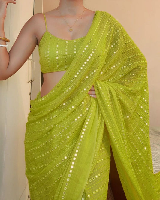 Parrot green georgette thread and sequence work party wear saree