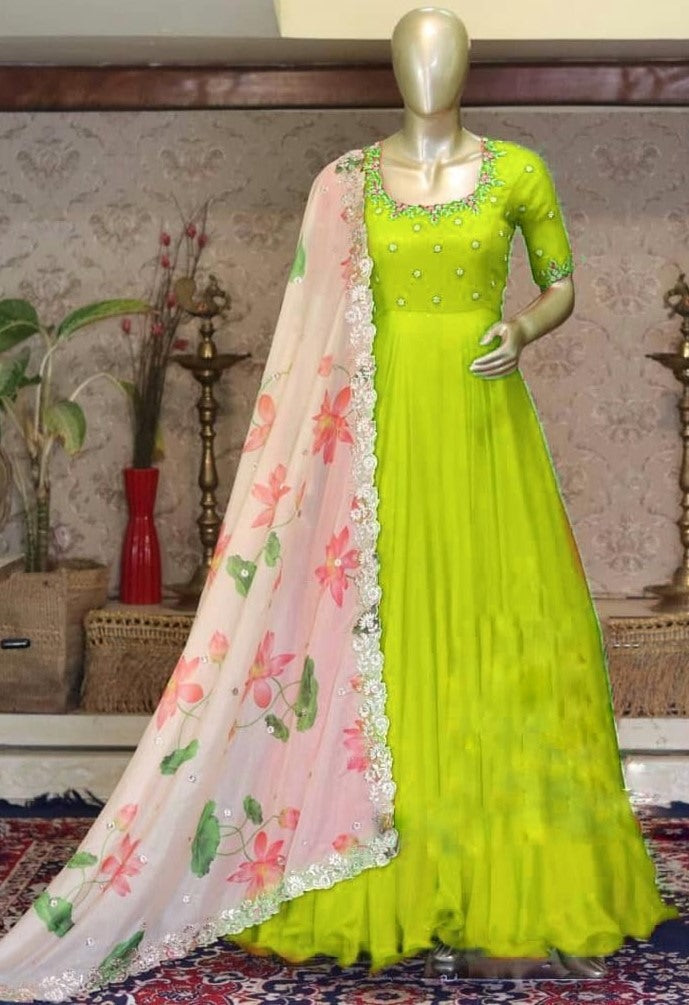 Parrot green georgette unbrella flair long gown with printed dupatta