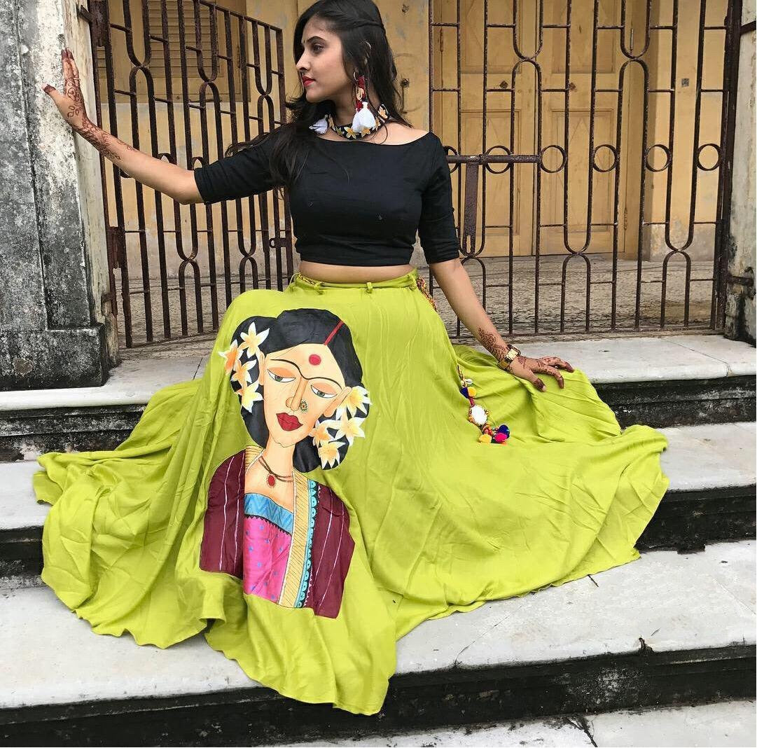 Parrot green heavy crepe digital printed navratri special lehenga choli