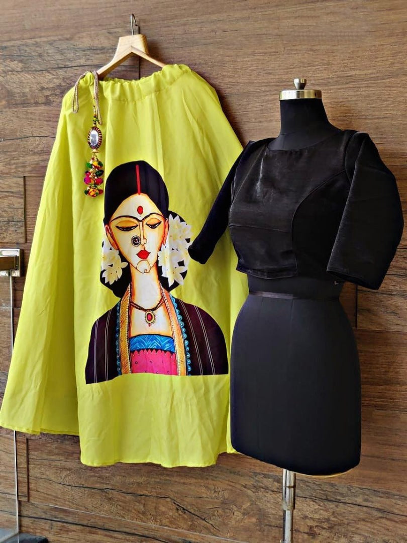 Parrot green heavy crepe digital printed navratri special lehenga choli