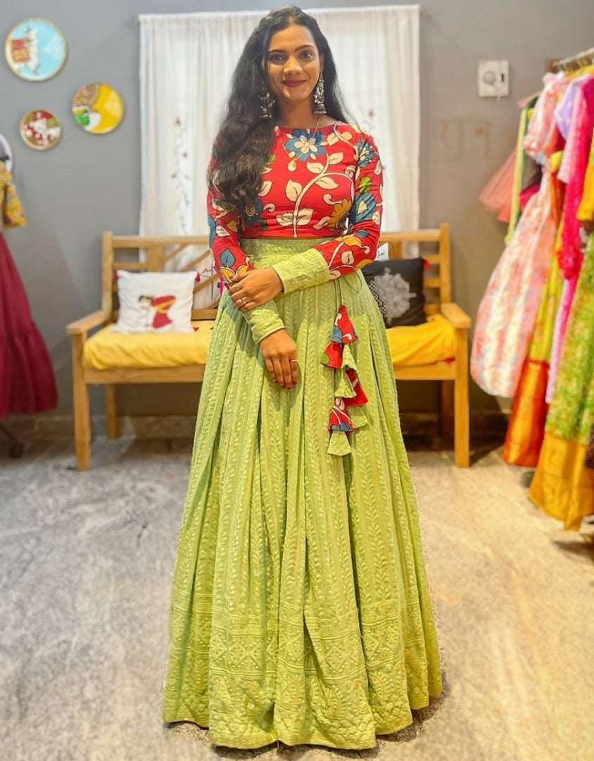 Parrot green lucknowi work designer crop top lehenga