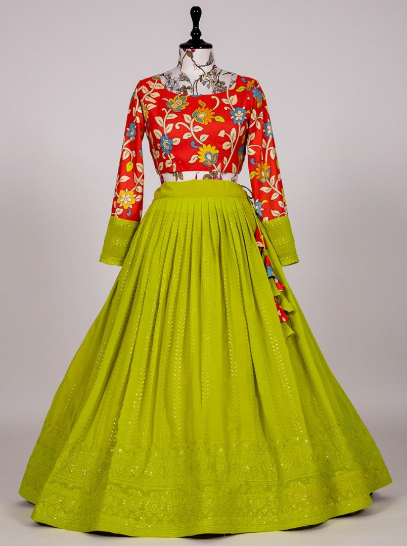 Parrot green lucknowi work designer crop top lehenga