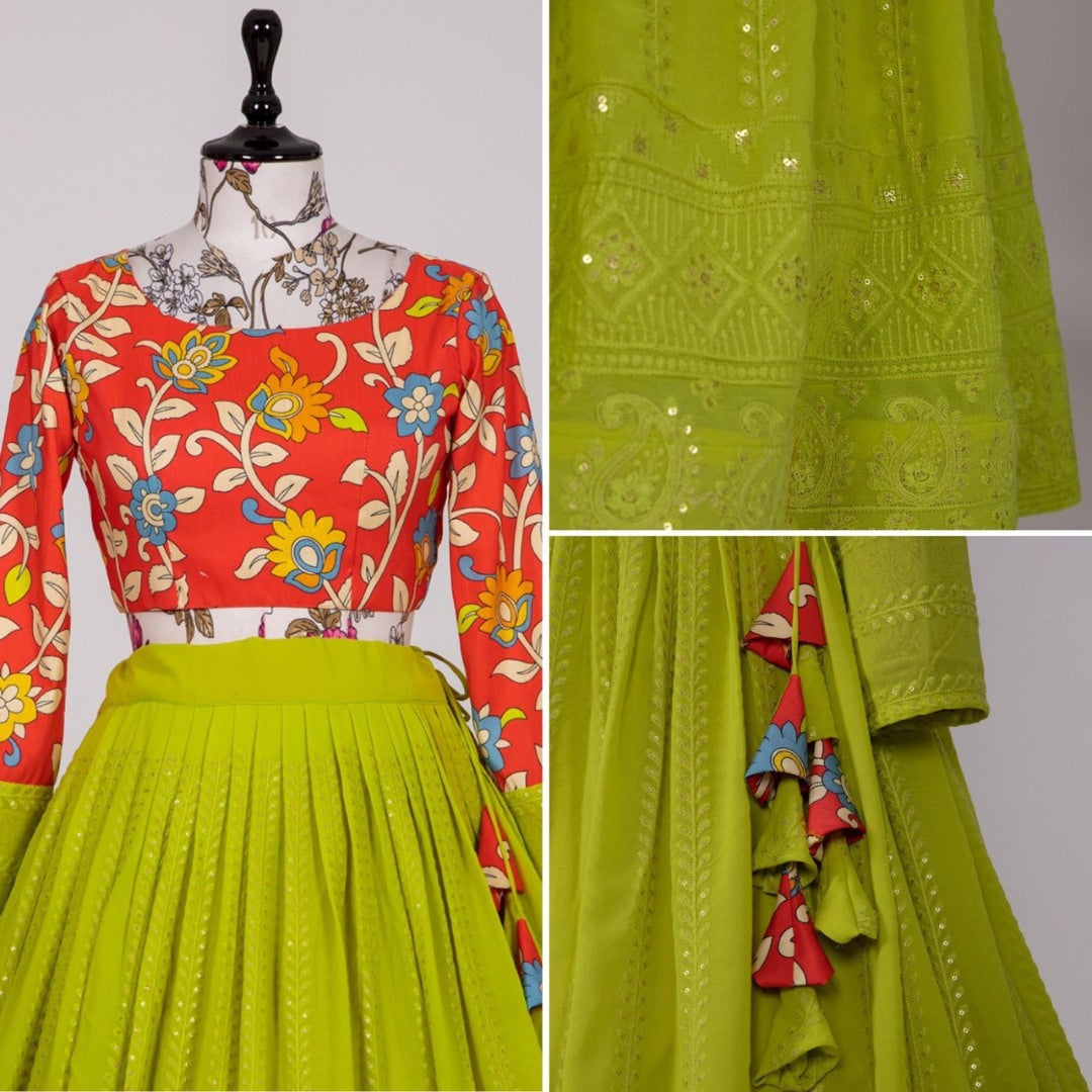 Parrot green lucknowi work designer crop top lehenga