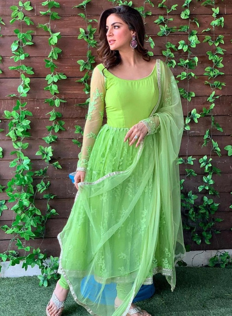 Parrot green net embroidered anarkali suit